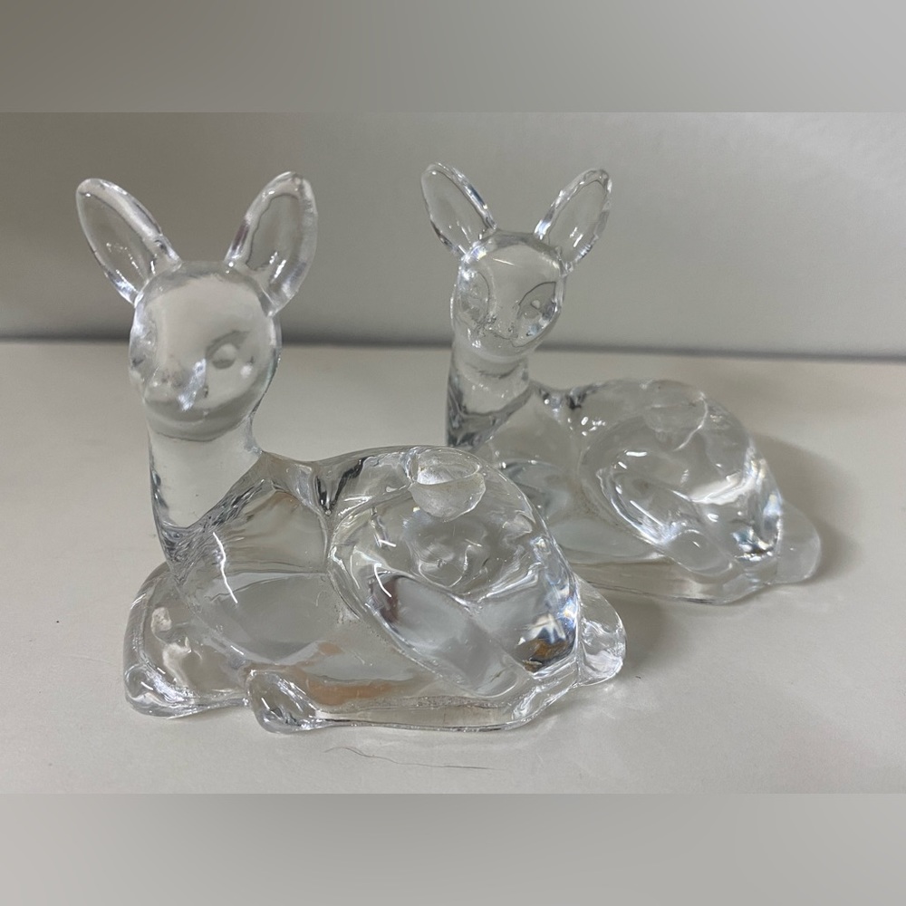 Pair of Biedermann glass taper candle holders deer laying down